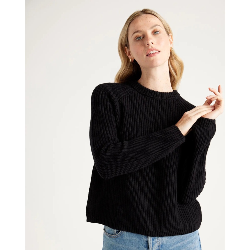Quince Womens Black 100% Organic Cotton Fisherman Crewneck Sweater Large